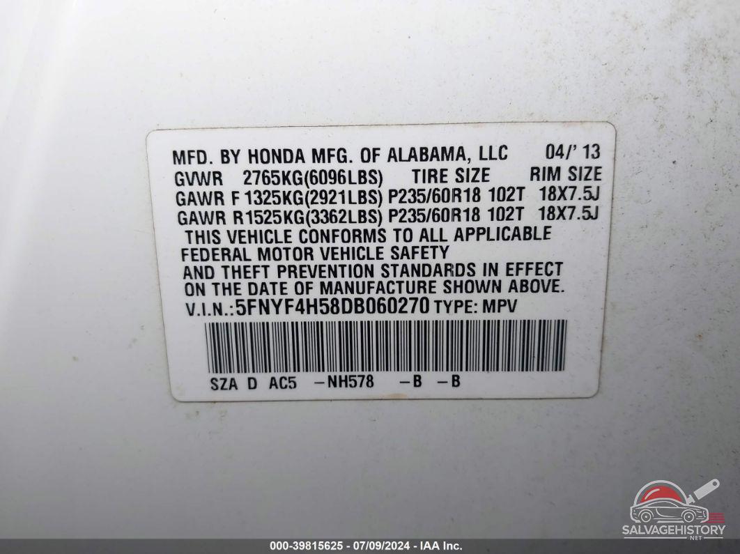5FNYF4H58DB060270 2013 HONDA PILOT photo no. 9
