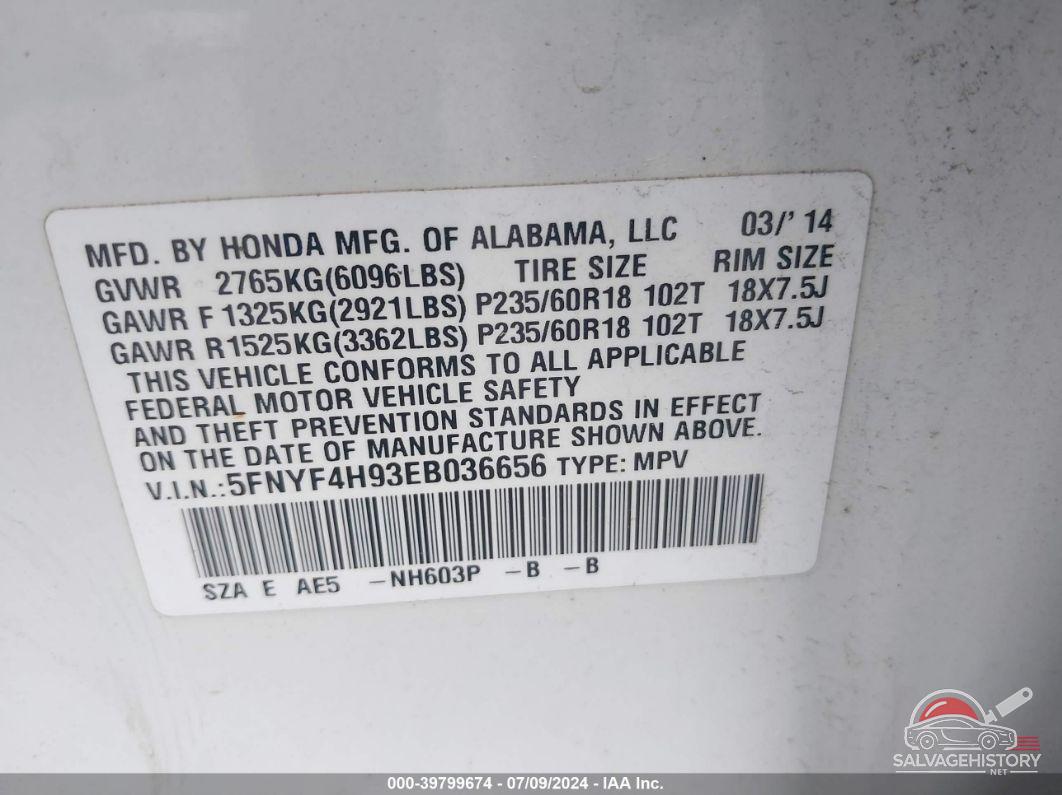 5FNYF4H93EB036656 2014 HONDA PILOT photo no. 9