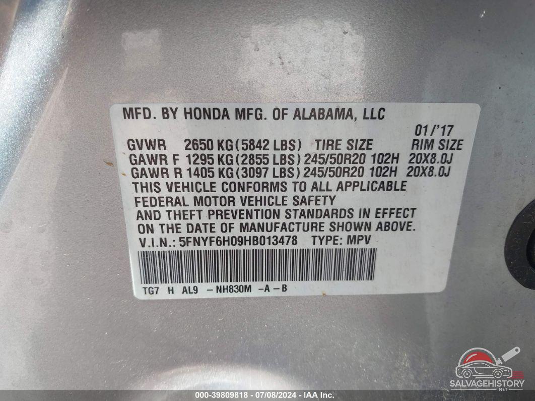 5FNYF6H09HB013478 2017 HONDA PILOT photo no. 9