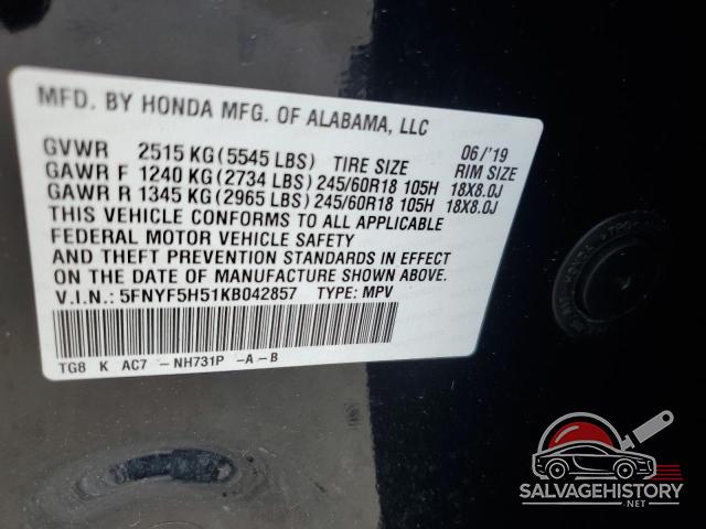5FNYF5H51KB042857 2019 HONDA PILOT photo no. 13