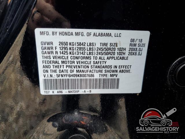 5FNYF6H09KB007686 2019 HONDA PILOT photo no. 13