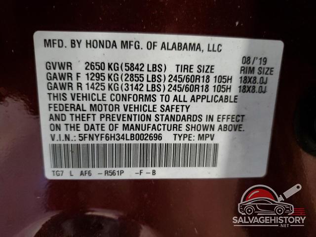 5FNYF6H34LB002696 2020 HONDA PILOT photo no. 13
