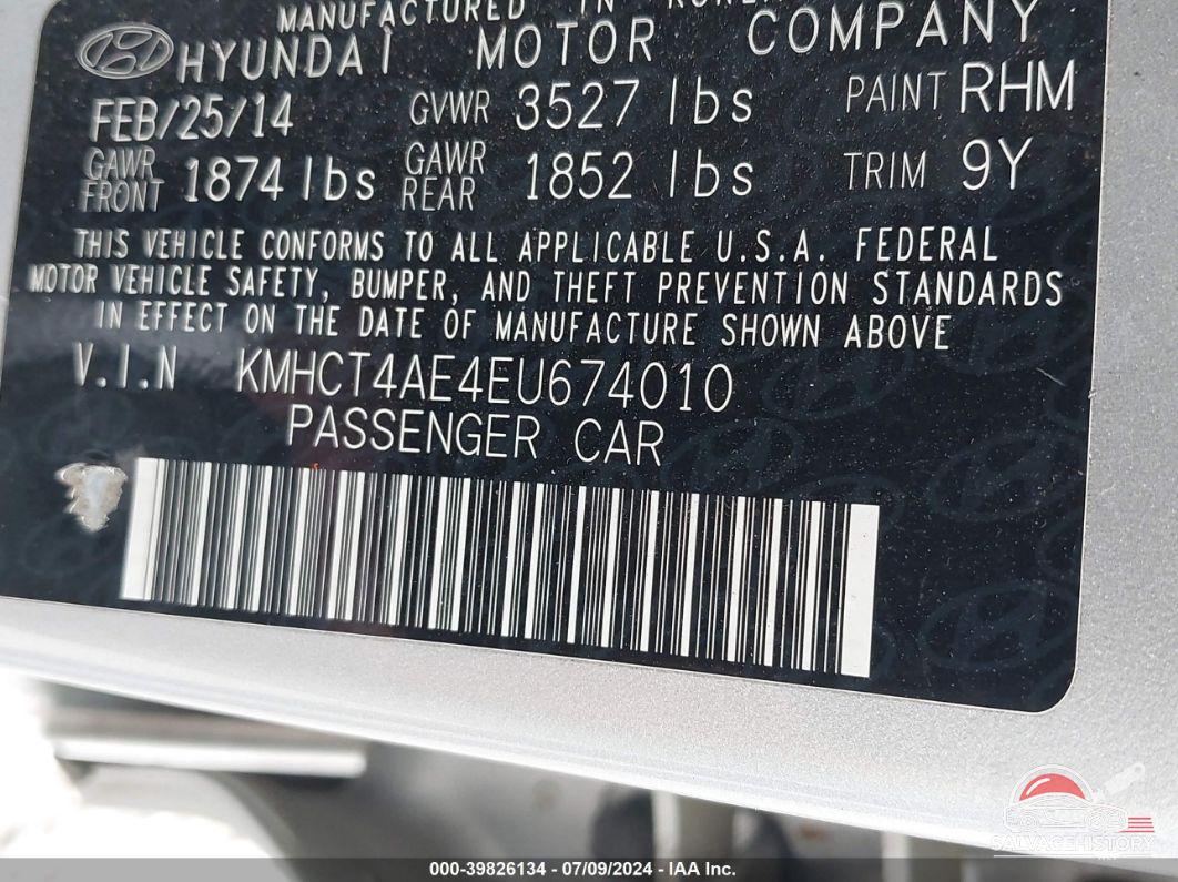 KMHCT4AE4EU674010 2014 HYUNDAI ACCENT photo no. 9