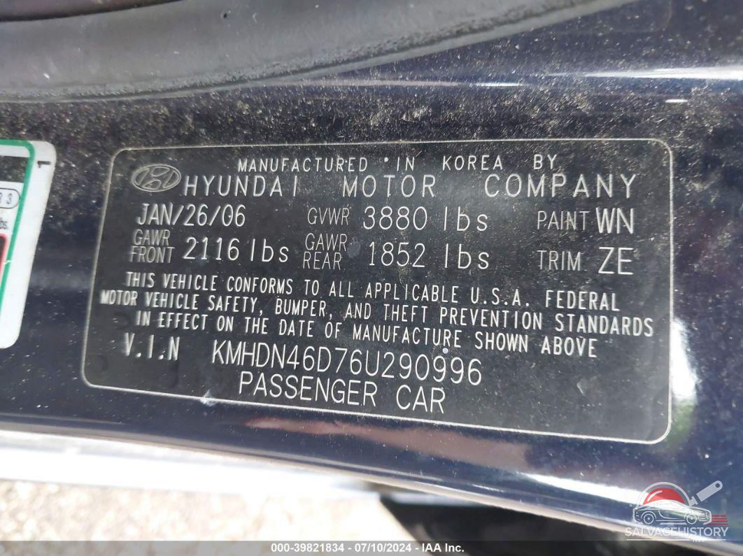 KMHDN46D76U290996 2006 HYUNDAI ELANTRA photo no. 9