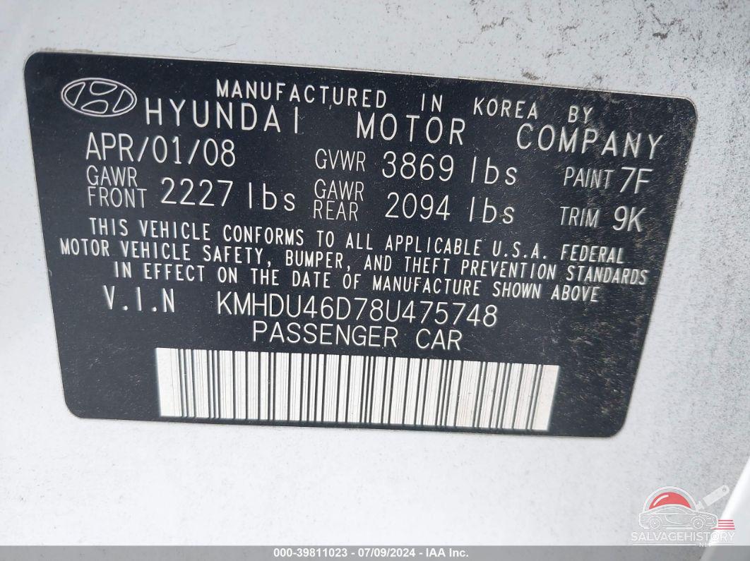 KMHDU46D78U475748 2008 HYUNDAI ELANTRA photo no. 9