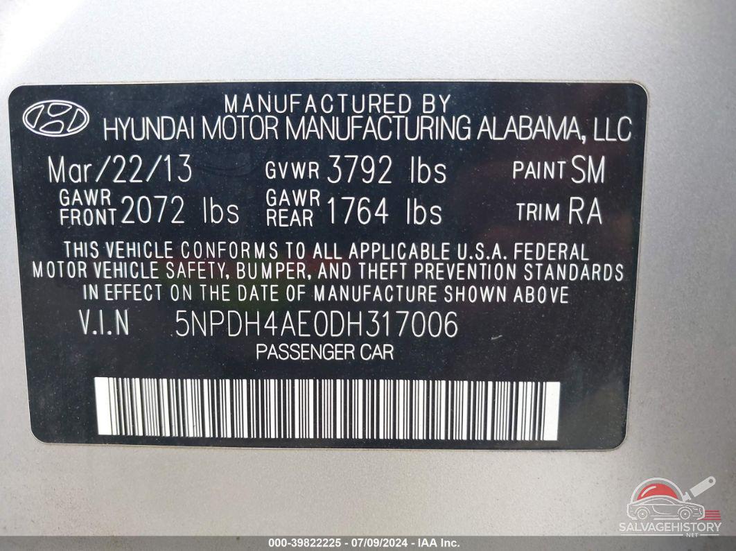 5NPDH4AE0DH317006 2013 HYUNDAI ELANTRA photo no. 9