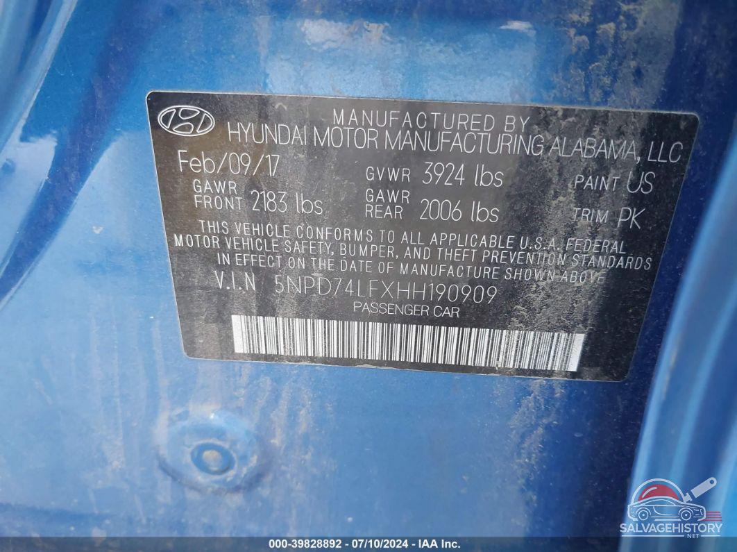 5NPD74LFXHH190909 2017 HYUNDAI ELANTRA photo no. 9