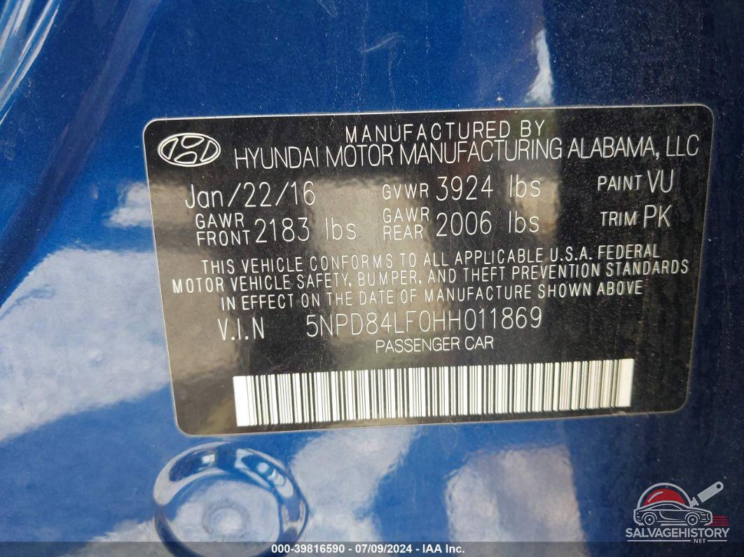 5NPD84LF0HH011869 2017 HYUNDAI ELANTRA photo no. 9