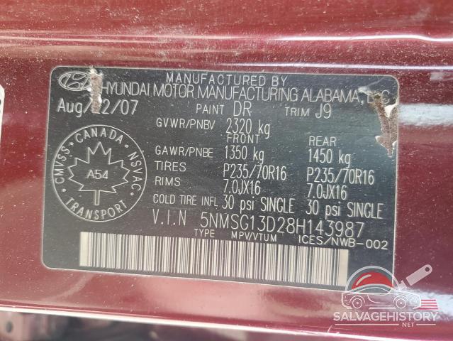 5NMSG13D28H143987 2008 HYUNDAI SANTA FE photo no. 14