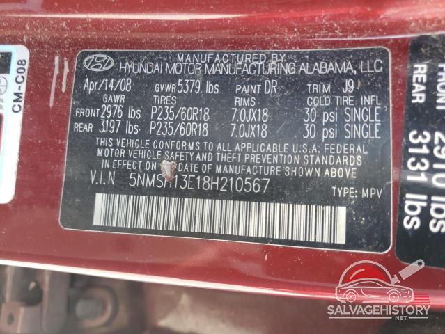 5NMSH13E18H210567 2008 HYUNDAI SANTA FE photo no. 13