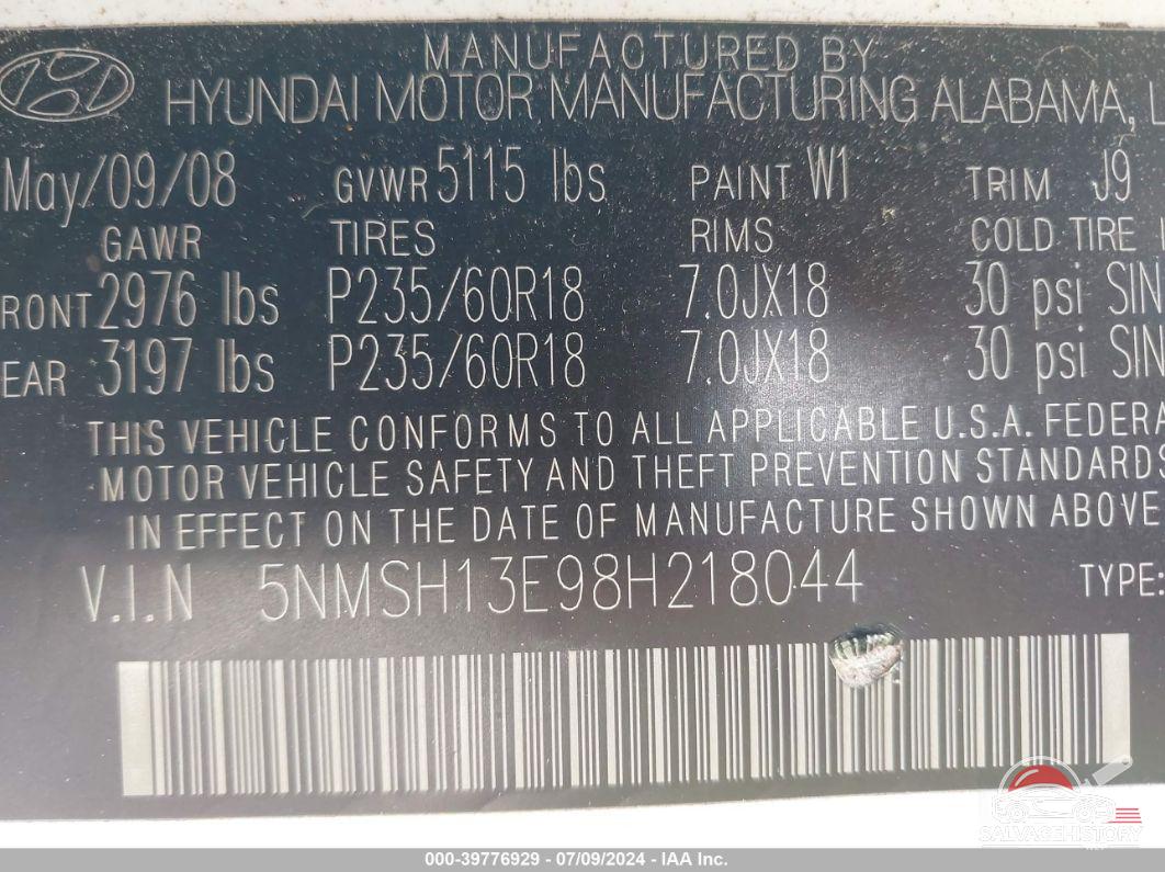 5NMSH13E98H218044 2008 HYUNDAI SANTA FE photo no. 9