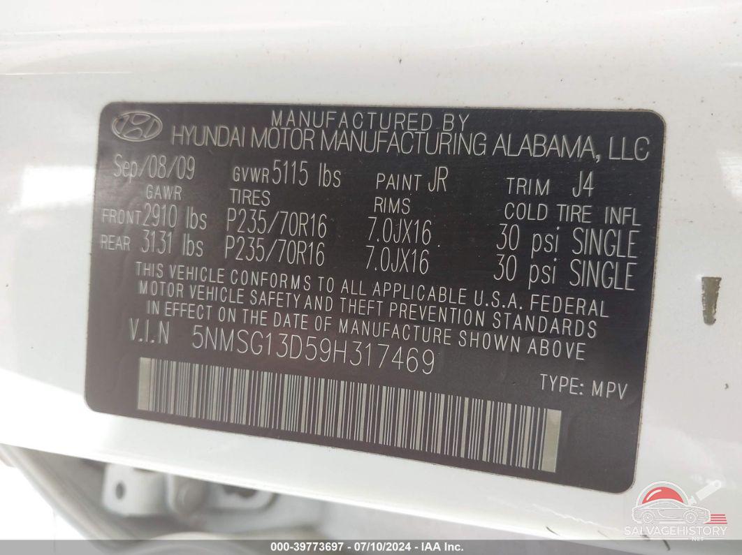 5NMSG13D59H317469 2009 HYUNDAI SANTA FE photo no. 9