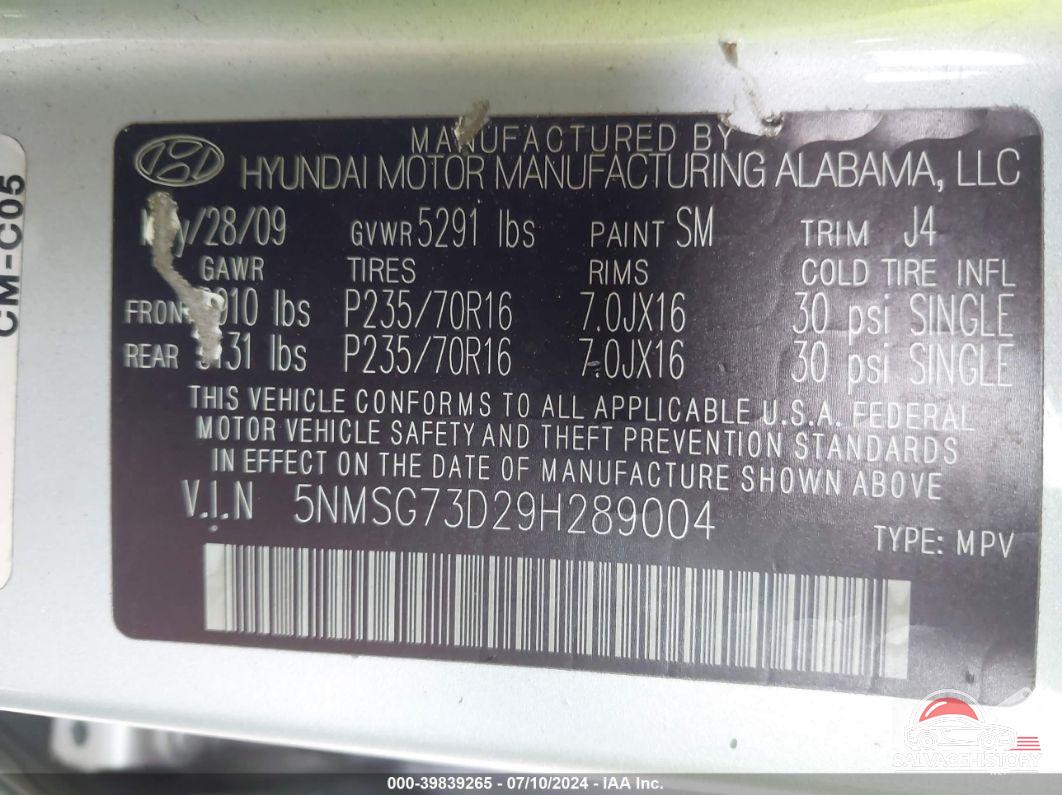 5NMSG73D29H289004 2009 HYUNDAI SANTA FE photo no. 9