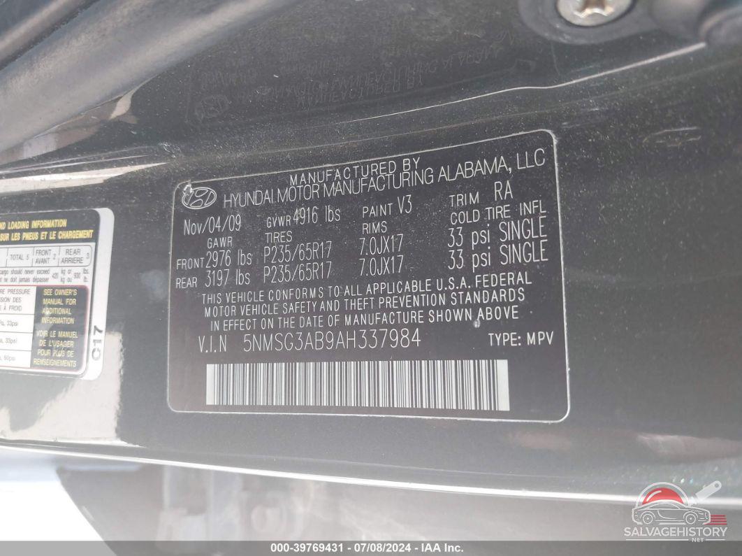 5NMSG3AB9AH337984 2010 HYUNDAI SANTA FE photo no. 9
