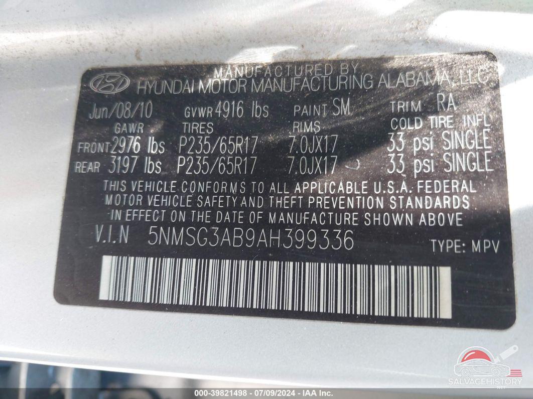 5NMSG3AB9AH399336 2010 HYUNDAI SANTA FE photo no. 9
