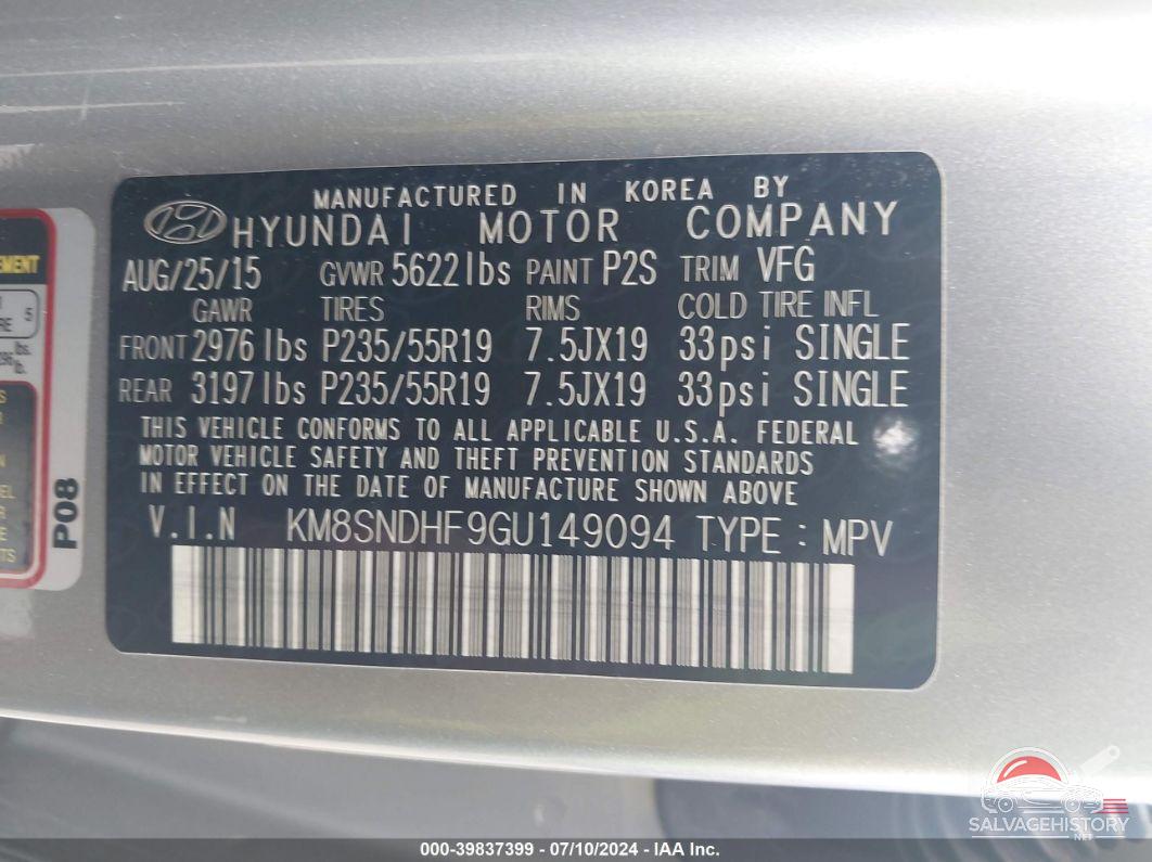KM8SNDHF9GU149094 2016 HYUNDAI SANTA FE photo no. 9