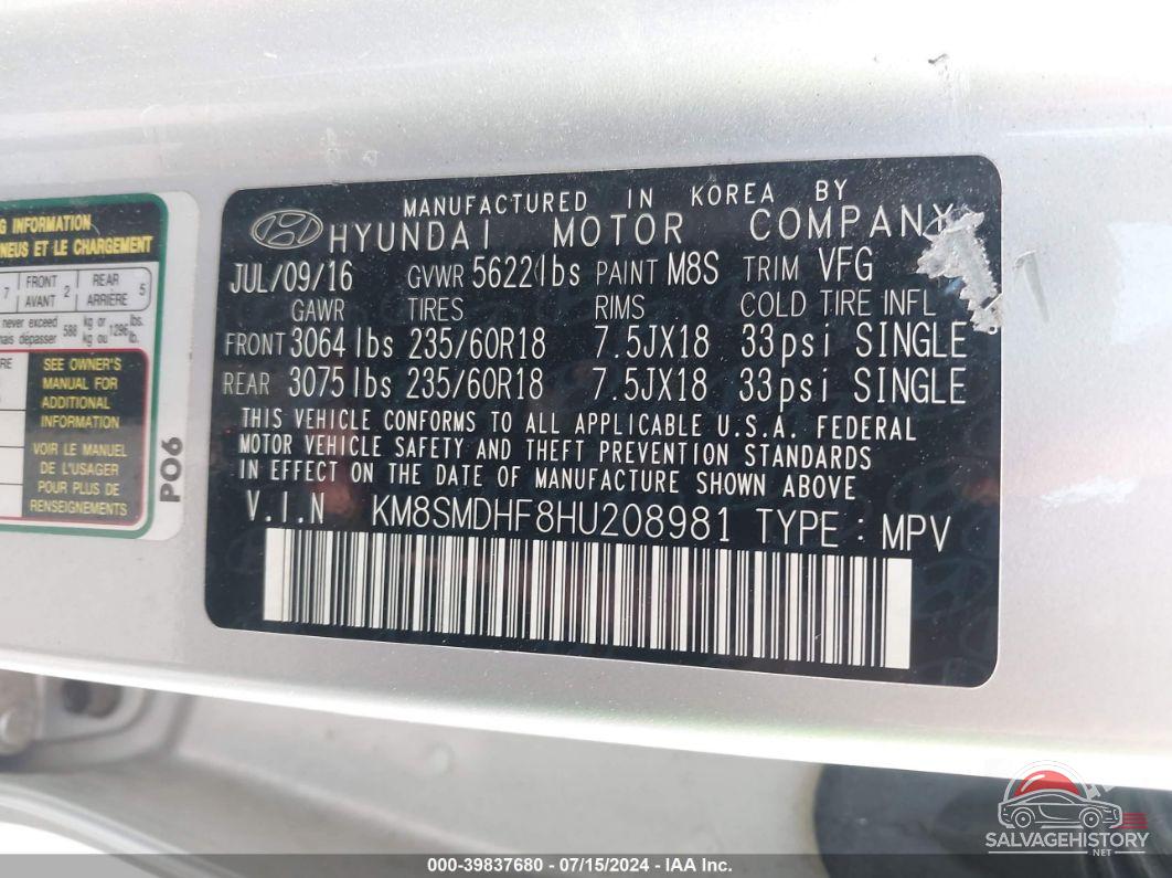 KM8SMDHF8HU208981 2017 HYUNDAI SANTA FE photo no. 9