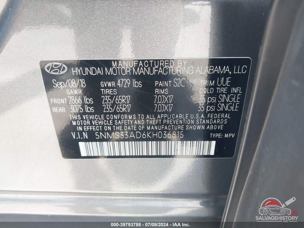5NMS33AD6KH036815 2019 HYUNDAI SANTA FE photo no. 9