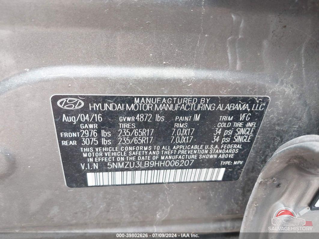 5NMZU3LB9HH006207 2017 HYUNDAI SANTA FE SPORT photo no. 9