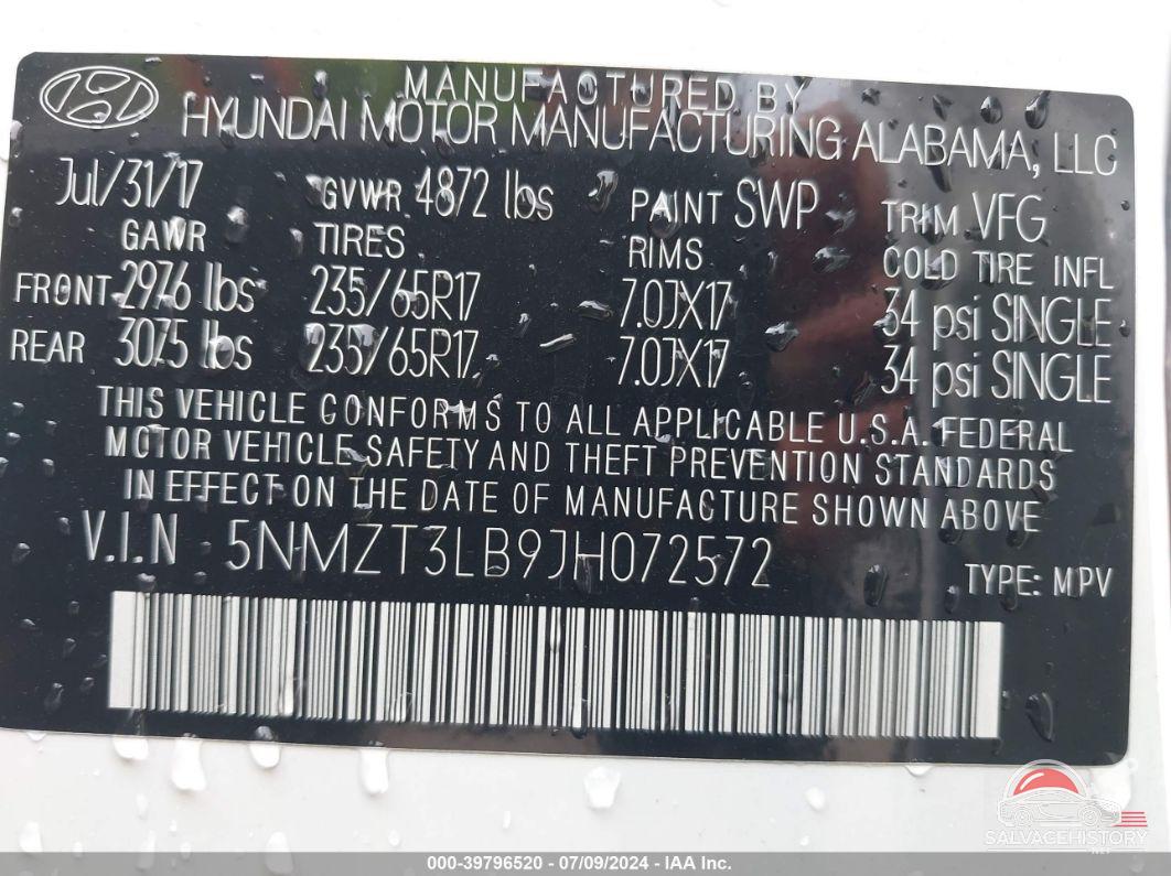 5NMZT3LB9JH072572 2018 HYUNDAI SANTA FE SPORT photo no. 9