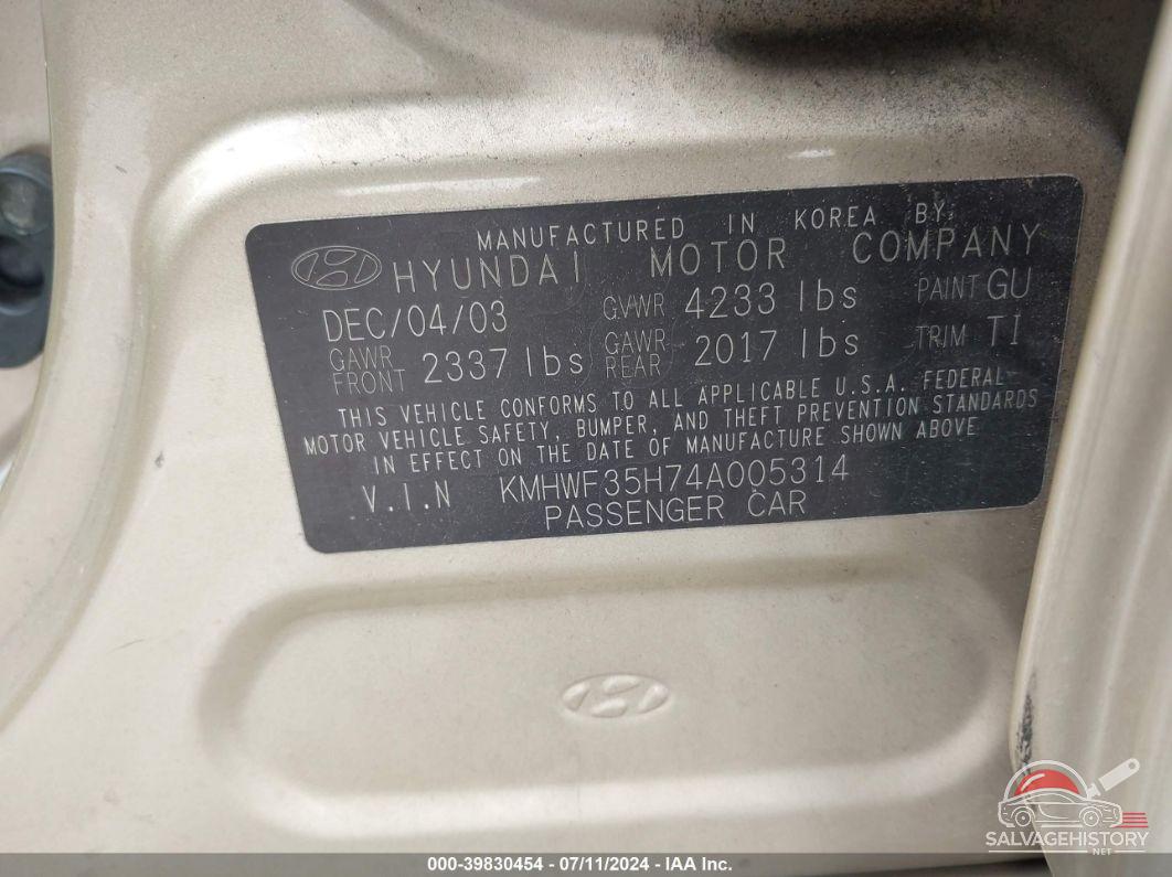 KMHWF35H74A005314 2004 HYUNDAI SONATA photo no. 9