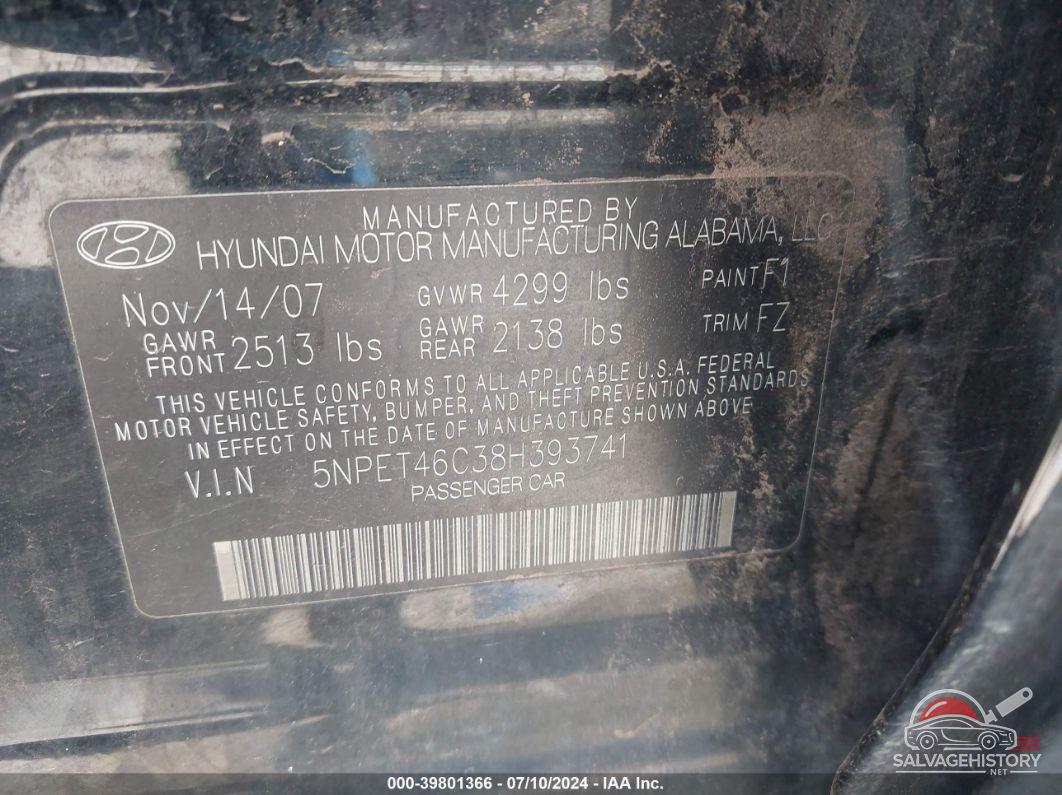 5NPET46C38H393741 2008 HYUNDAI SONATA photo no. 9