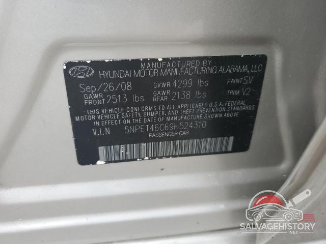 5NPET46C69H524310 2009 HYUNDAI SONATA photo no. 12