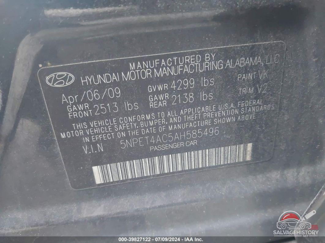 5NPET4AC5AH585496 2010 HYUNDAI SONATA photo no. 9