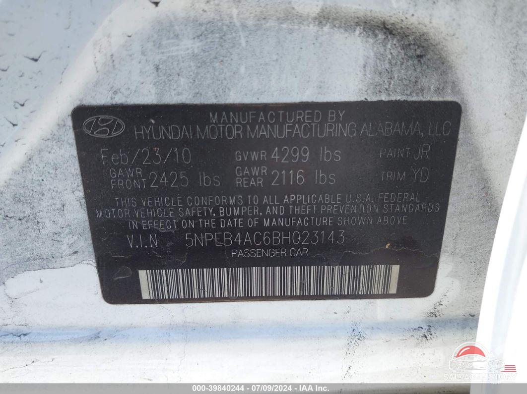 5NPEB4AC6BH023143 2011 HYUNDAI SONATA photo no. 9
