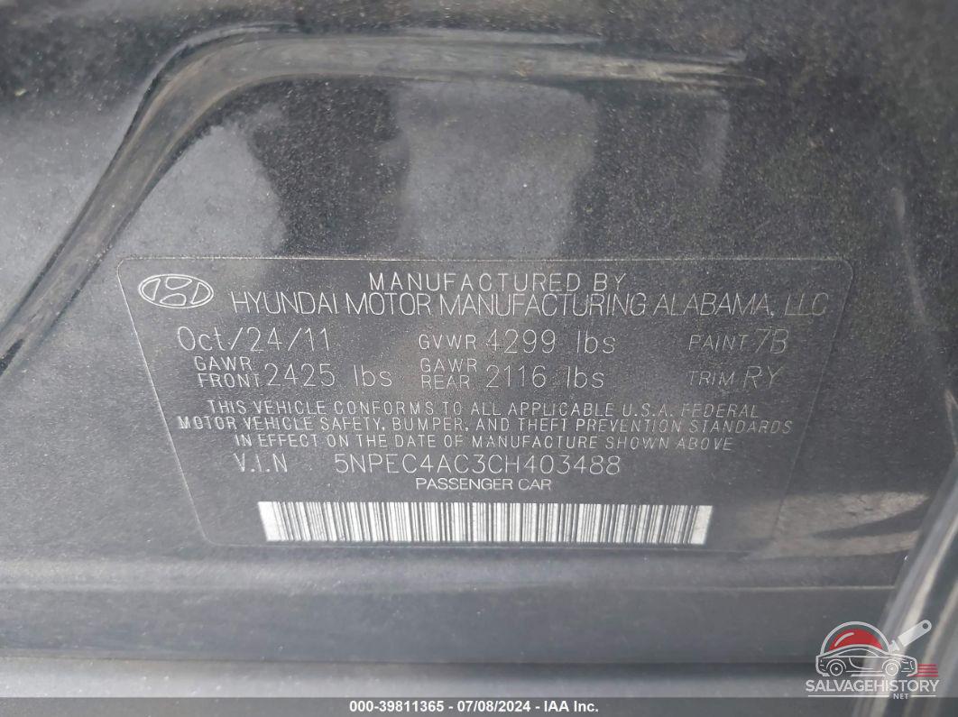5NPEC4AC3CH403488 2012 HYUNDAI SONATA photo no. 9