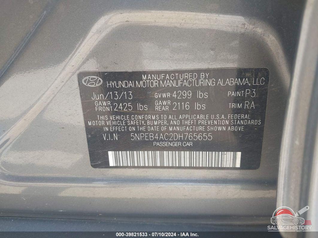 5NPEB4AC2DH765655 2013 HYUNDAI SONATA photo no. 9
