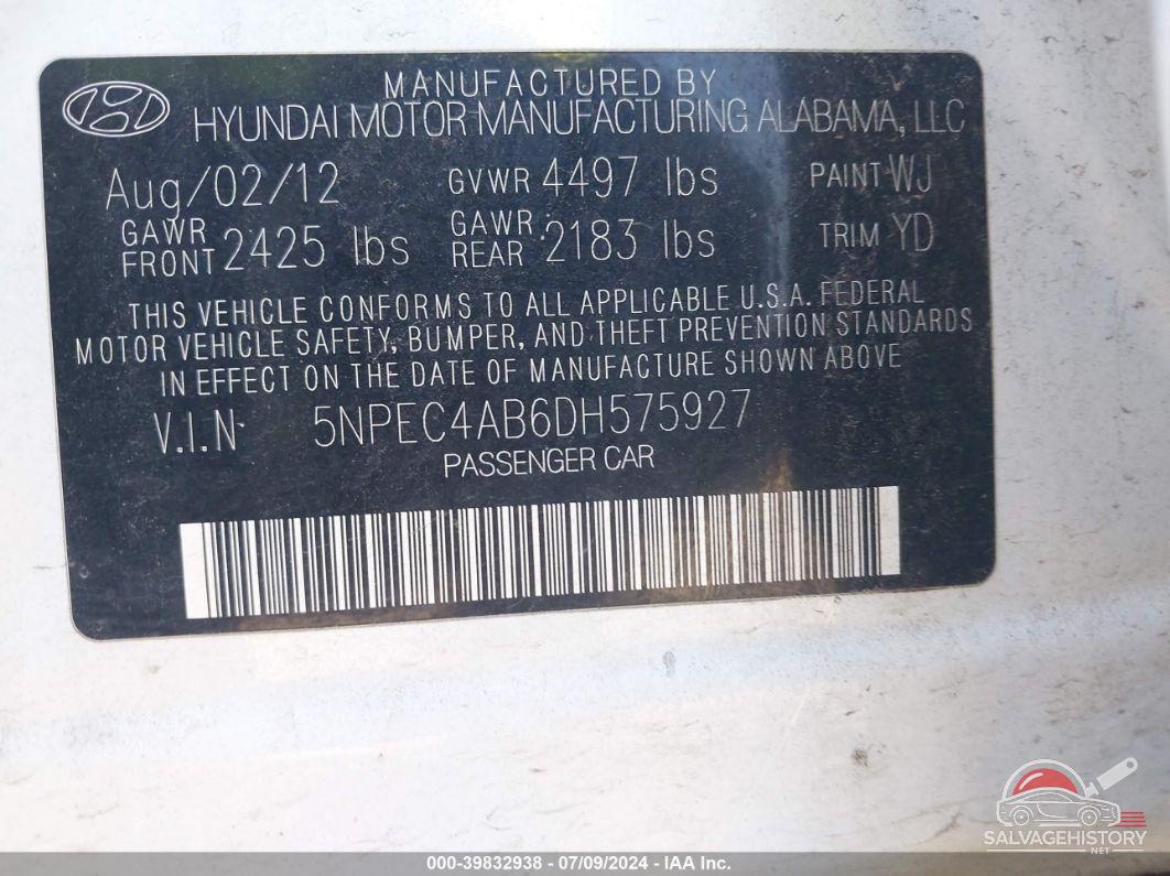 5NPEC4AB6DH575927 2013 HYUNDAI SONATA photo no. 9