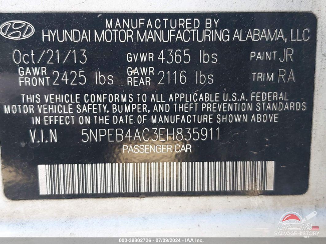 5NPEB4AC3EH835911 2014 HYUNDAI SONATA photo no. 9