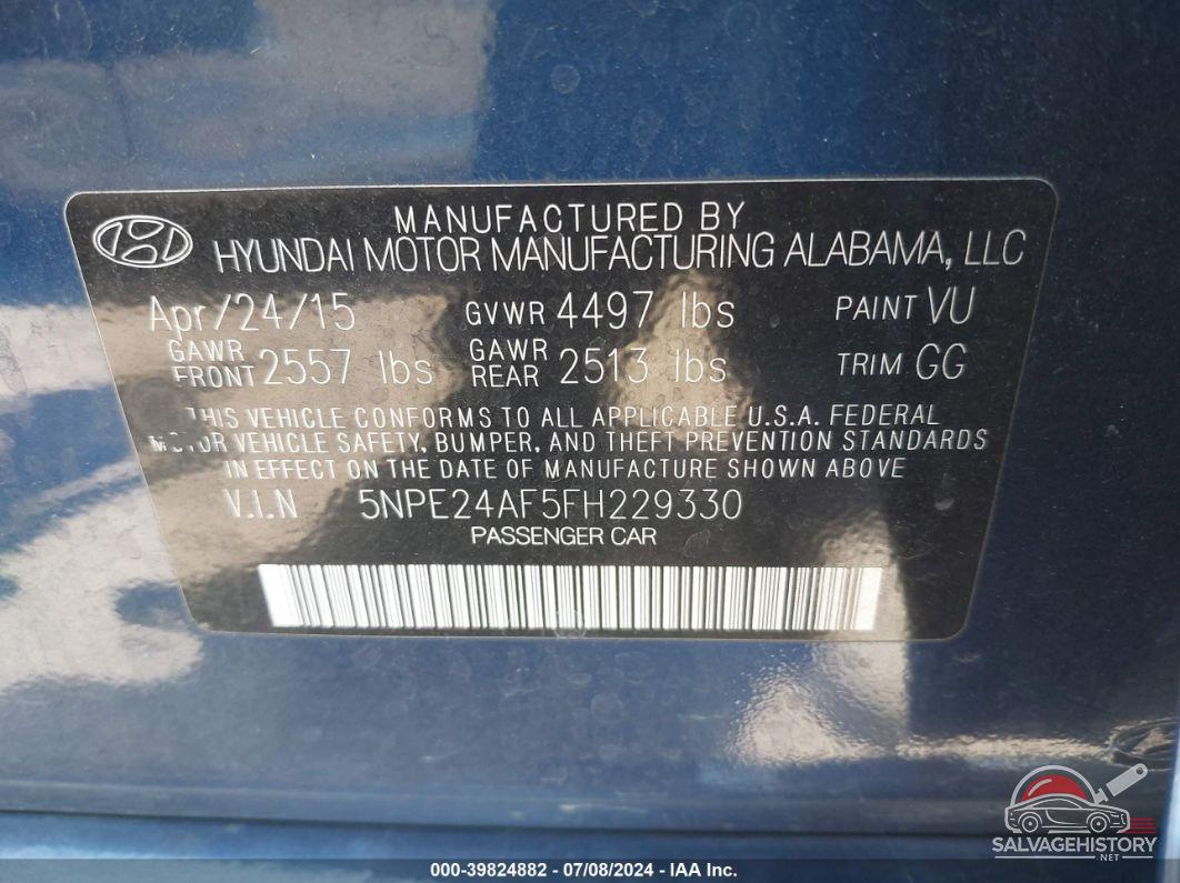 5NPE24AF5FH229330 2015 HYUNDAI SONATA photo no. 9