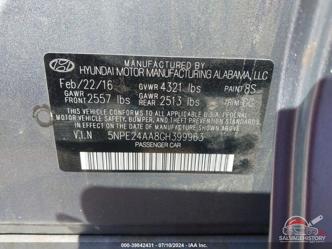 5NPE24AA8GH399963 2016 HYUNDAI SONATA photo no. 9