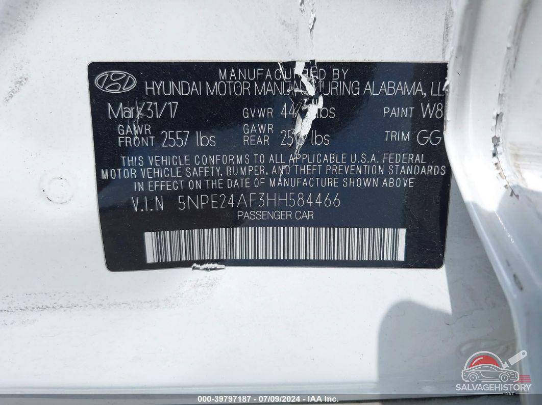 5NPE24AF3HH584466 2017 HYUNDAI SONATA photo no. 9