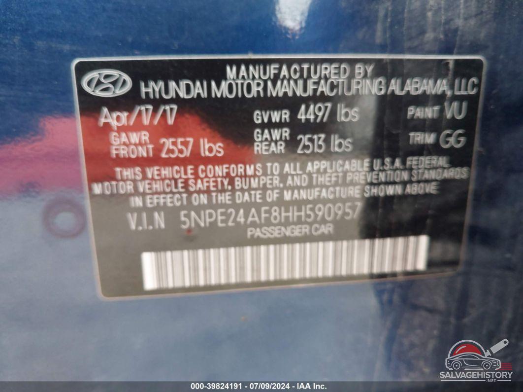 5NPE24AF8HH590957 2017 HYUNDAI SONATA photo no. 9