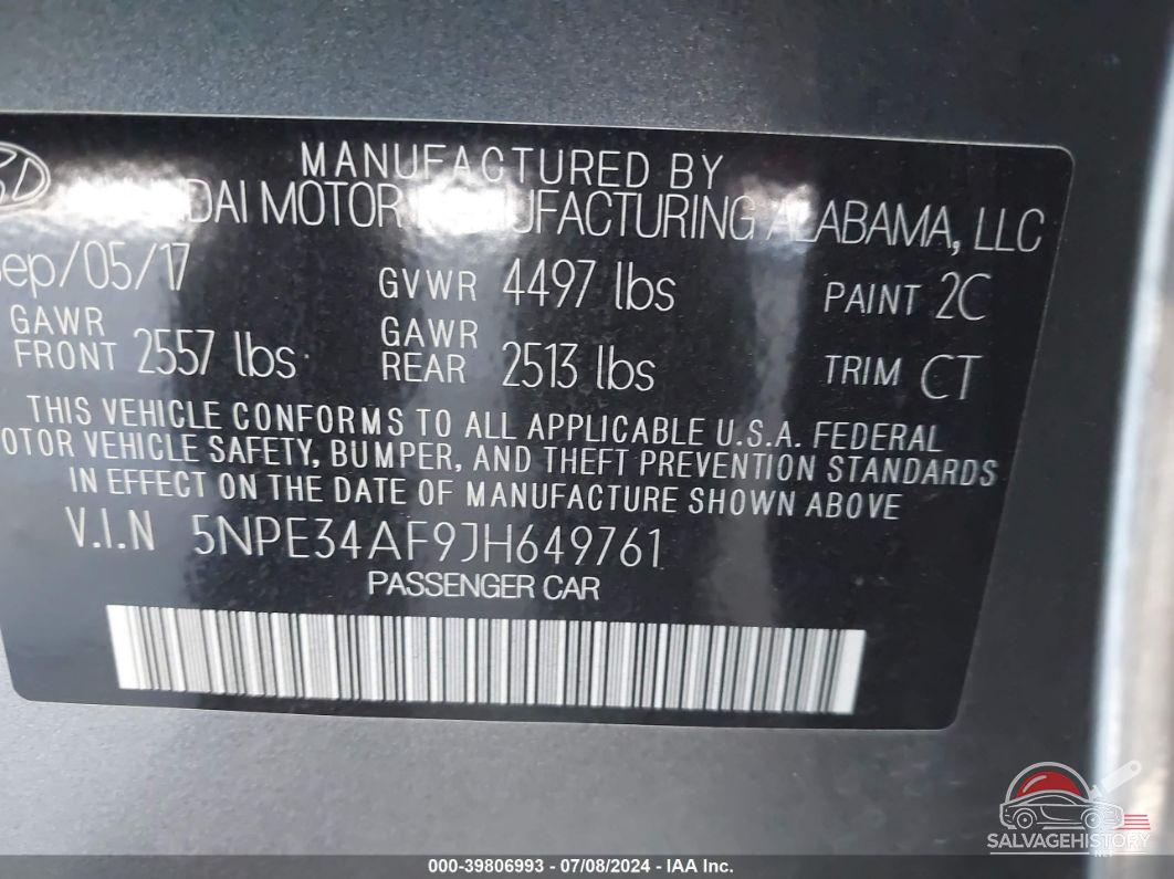 5NPE34AF9JH649761 2018 HYUNDAI SONATA photo no. 9