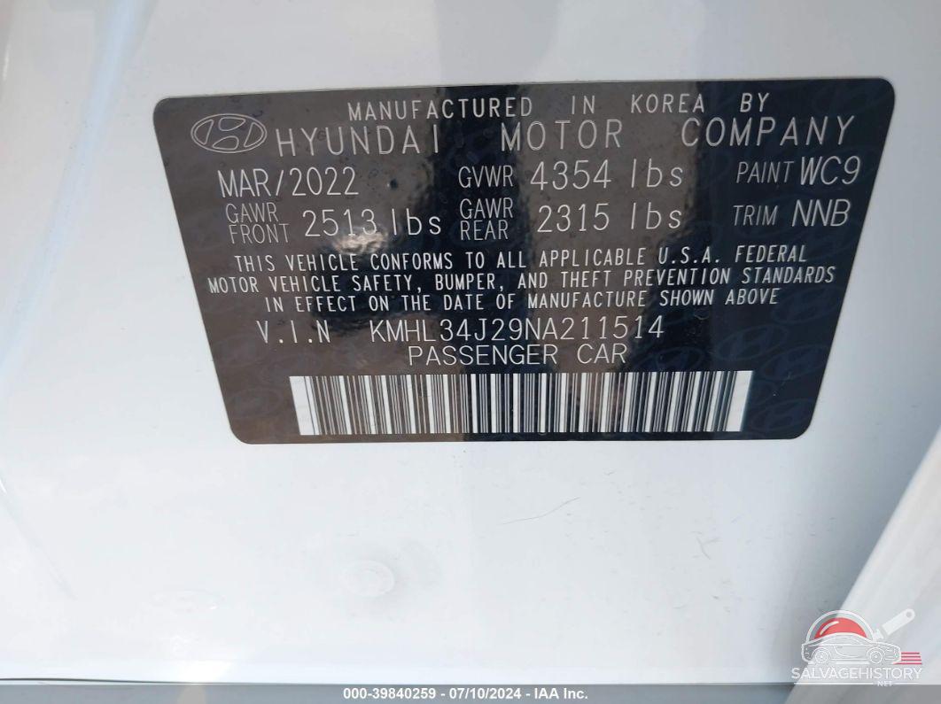 KMHL34J29NA211514 2022 HYUNDAI SONATA photo no. 9