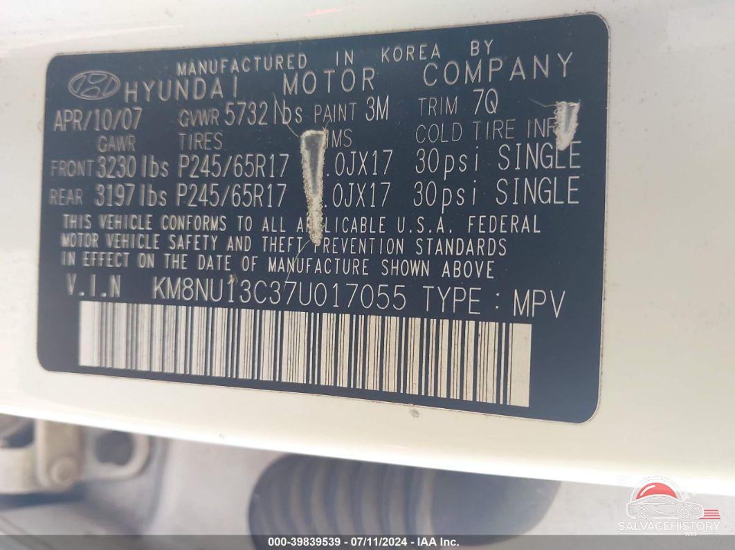 KM8NU13C37U017055 2007 HYUNDAI VERACRUZ photo no. 9