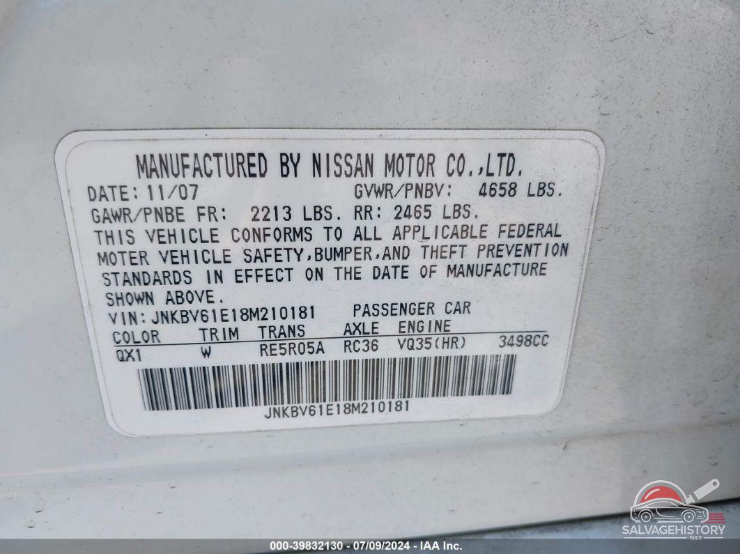 JNKBV61E18M210181 2008 INFINITI G35 photo no. 9
