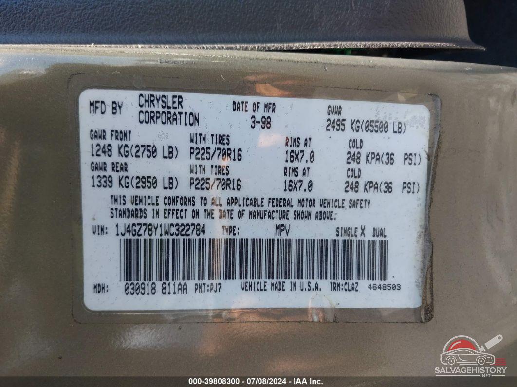 1J4GZ78Y1WC322784 1998 JEEP GRAND CHEROKEE photo no. 9
