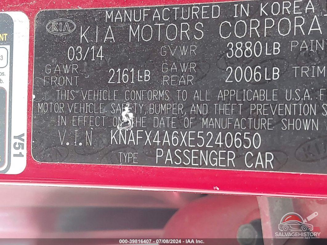 KNAFX4A6XE5240650 2014 KIA FORTE photo no. 9