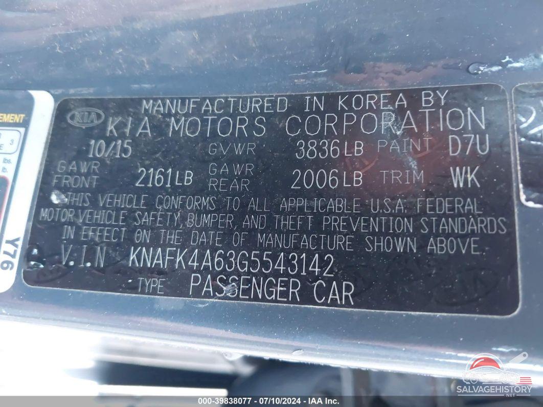 KNAFK4A63G5543142 2016 KIA FORTE photo no. 9