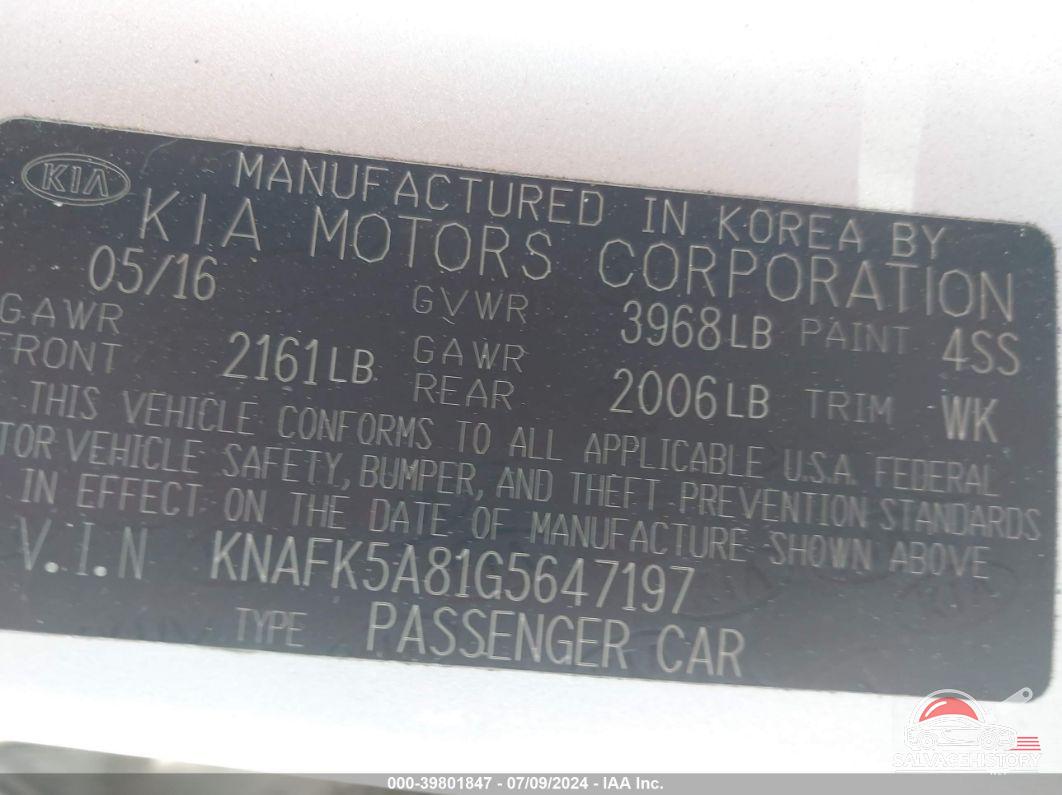 KNAFK5A81G5647197 2016 KIA FORTE photo no. 9