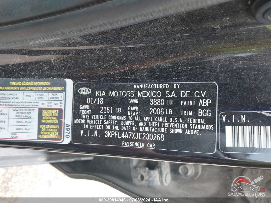 3KPFL4A7XJE230268 2018 KIA FORTE photo no. 9