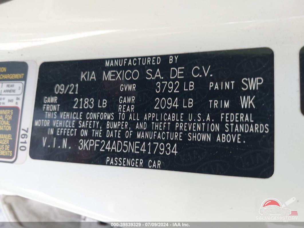 3KPF24AD5NE417934 2022 KIA FORTE photo no. 9