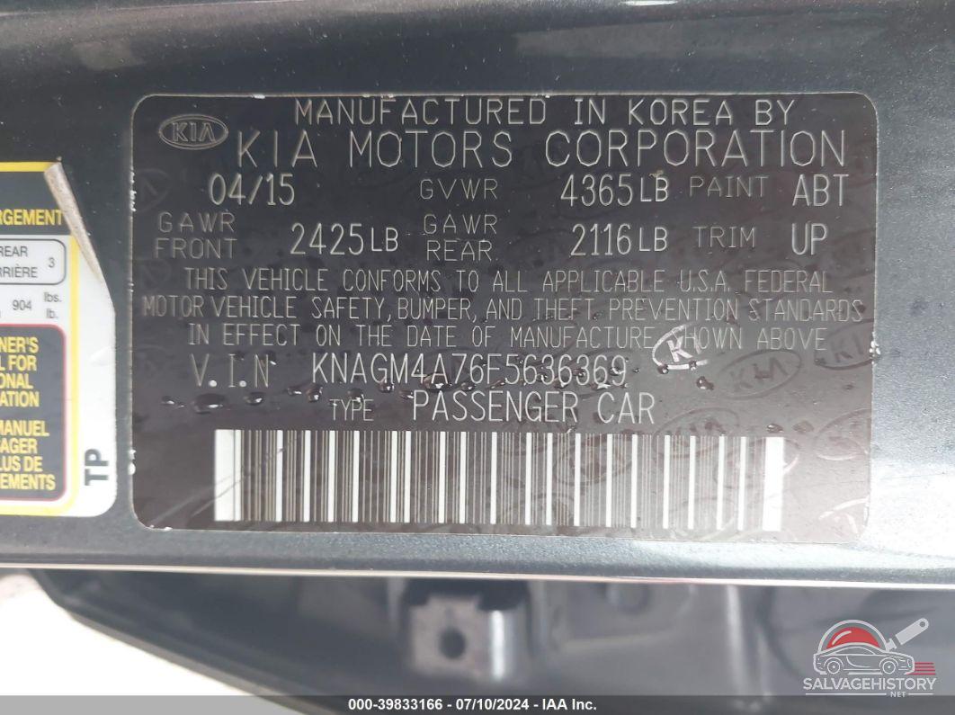 KNAGM4A76F5636369 2015 KIA OPTIMA photo no. 9