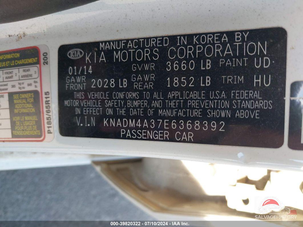 KNADM4A37E6368392 2014 KIA RIO photo no. 9