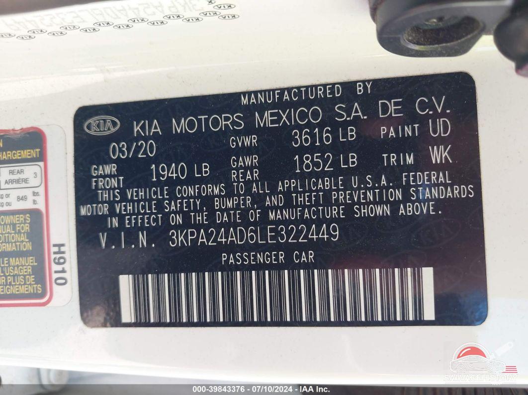 3KPA24AD6LE322449 2020 KIA RIO photo no. 9